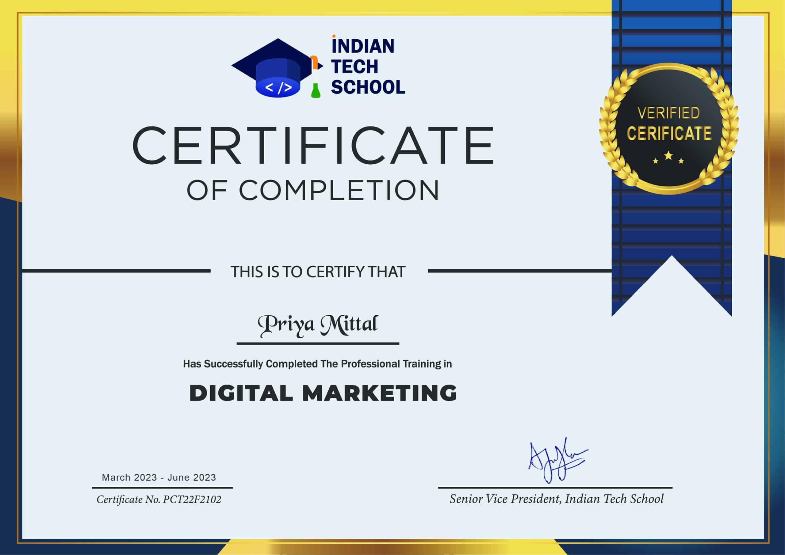 Digital marketing Course Certificate at Indian Tech School Jaipur