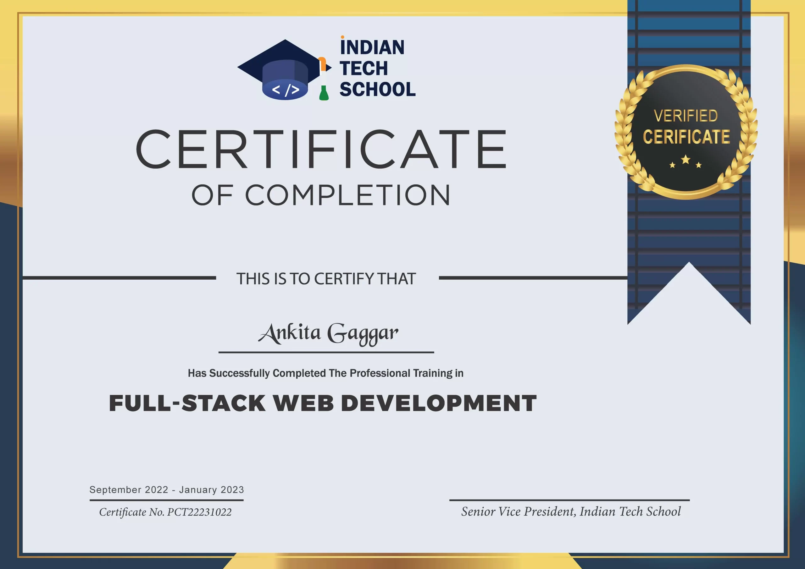 Web Development Course Certificate in Indian Tech School Jaipur